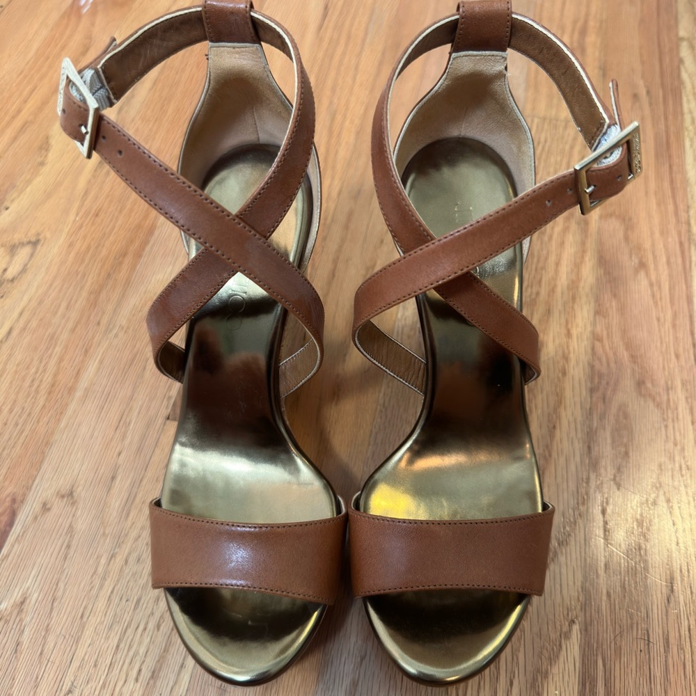 Jimmy Choo Portia Crisscross Cork Wedge
Canyon Tan Leather  Size 38/8 US NWOT
